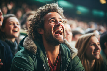 the world of soccer celebrating in a stadium showing cheering young brunette man with  curly hairs and beard - obrazy, fototapety, plakaty