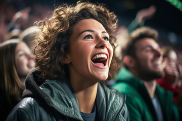 the world of soccer celebrating in a stadium showing cheering young brunette woman with curly hairs 