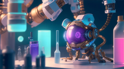 Fototapeta premium Artificial intelligence robots discover breakthroughs in cancer analysis and treatment in science labs.