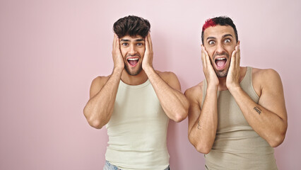 Fototapeta premium Two men couple standing with surprise expression over isolated pink background
