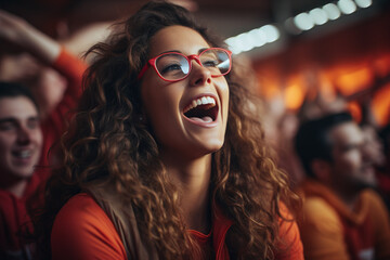 the world of soccer celebrating in a stadium showing cheering young brunette woman with long curly...