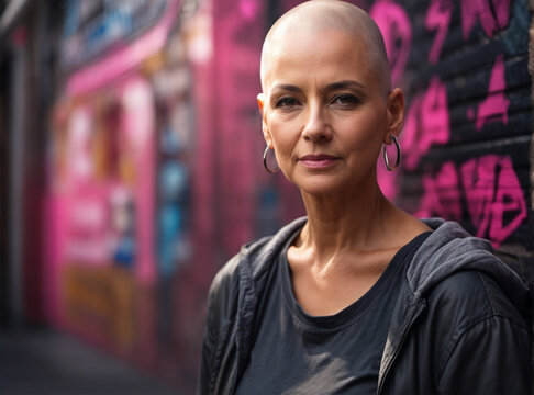 Retrato de mujer caucásica, calva, segura de sí misma, fuerte y empoderada después de sobrevivir al cáncer de mama, en la calle. 