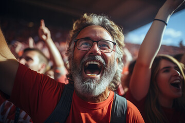 the world of soccer celebrating in a stadium showing cheering middle aged man with beard wearing glasses