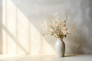 Vase with white flowers on the floor near the light wall