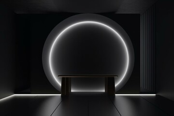 Abstract minimalist architecture. Modern showroom with dark exhibition tunnel. Empty gallery table and stand with backlighting. Generative AI