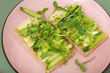 Close up sandwich with cheese, cucumbers and sunflower microgreens and alfalfa