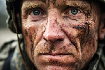 Portrait of a soldier with blood on his face,  Selective focus