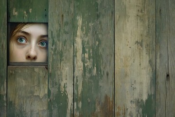 Portrait of a young woman looking through the hole in the wooden wall