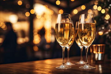 Four glasses with champagne on a wooden table, no people, bokeh background. Celebration, new year's toast concept. Generative AI. - obrazy, fototapety, plakaty