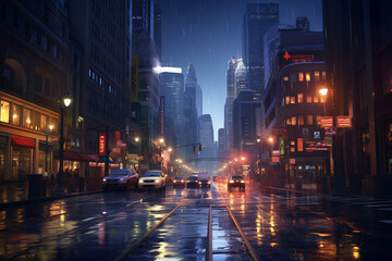 Old town street raining at night 3D rendering