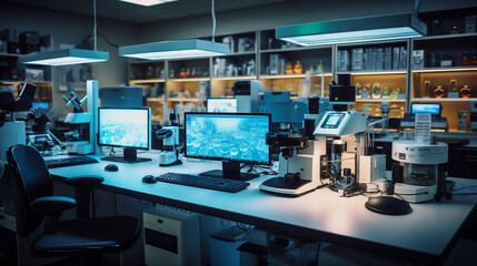 A modern lab setup with an array of electron microscopes, pipettes, and test tubes, warm ambient lighting