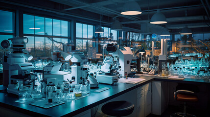 A modern lab setup with an array of electron microscopes, pipettes, and test tubes, warm ambient lighting