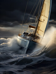 A robust sailing yacht confronting towering waves in a storm, dramatic and moody