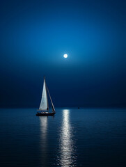 A sailing yacht illuminated under a full moon, mysterious ambiance, subtle glow on the sails, dark...