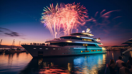 A vibrant evening party on a super yacht, colorful lights, people dancing, fireworks in the sky