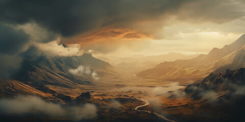 landscape of a rugged mountain range at dusk, golden hour lighting, sweeping clouds, drone aerial shot