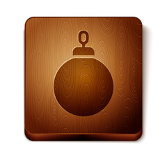 Brown Christmas ball icon isolated on white background. Merry Christmas and Happy New Year. Wooden square button. Vector