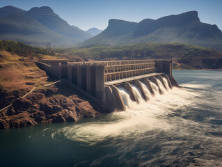 Hydroelectric dam, powerful water flow, distant mountains, captured during sunny day