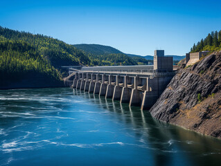 Hydroelectric dam, powerful water flow, distant mountains, captured during sunny day