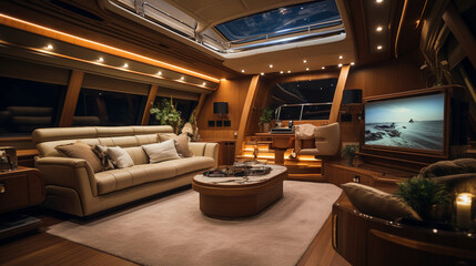 Inside a luxury yacht, showing opulent furnishings and state - of - the - art technology, warm lighting - obrazy, fototapety, plakaty