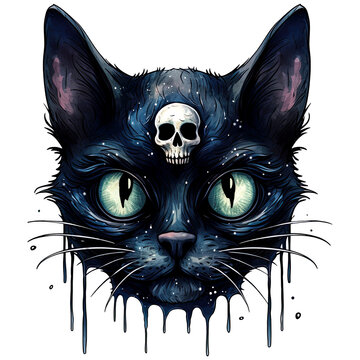 PNG Black cat head silhouette with shugar skull isolated clip art