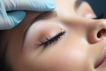 Young woman undergoing eyelash extensions. Salon spa procedure of care face. Generate Ai - obrazy, fototapety, plakaty