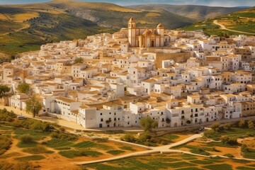 Name of Spanish town San Juan de Aznalfarache in Andalusia region against a background image. Generative AI - obrazy, fototapety, plakaty