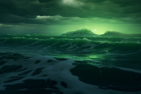 An image showing rolling sea waves accompanied by a green light in the sky. Generative AI