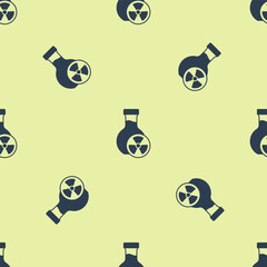 Blue Laboratory chemical beaker with toxic liquid icon isolated seamless pattern on yellow background. Biohazard symbol. Dangerous symbol with radiation icon. Vector