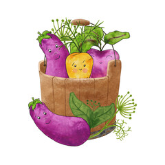 A bucket of vegetables. Vegetable basket. Wooden bucket with cartoon eggplants, carrots and beets with greens. Illustration isolated on white background.