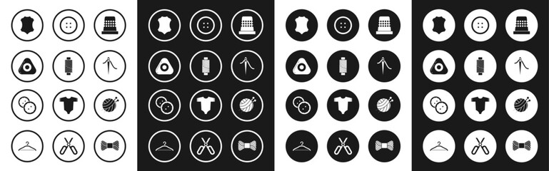 Set Thimble for sewing, Sewing thread on spool, chalk, Leather, Needle with, button clothes, Yarn ball knitting needles and icon. Vector