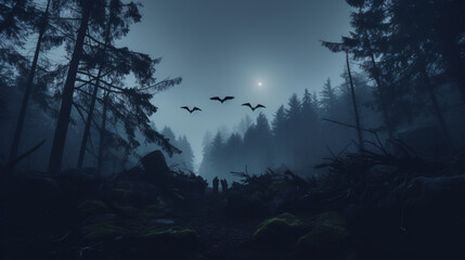 Dead cliff road on the dead mysterious forest with three crows on the night. Generative Ai - obrazy, fototapety, plakaty