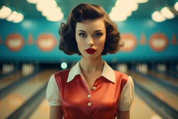 Young woman with ball in bowling club retro style. Sport play lady. Generate Ai