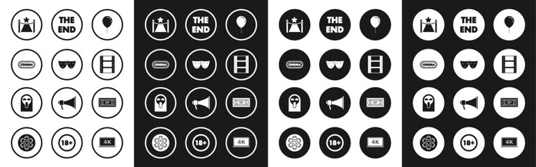 Set Balloon with ribbon, Cinema poster design template, Carpet barriers star, Play Video, The End handwritten inscription, VHS video cassette tape and Funny scary ghost icon. Vector