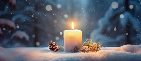 Burning candle as Christmas decoration - obrazy, fototapety, plakaty
