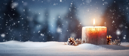 Christmas candle and snow as background - obrazy, fototapety, plakaty