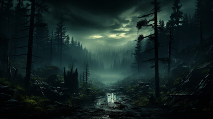 Dark foggy pine scary forest, Mystic forest view with fog and dark mysterious vibes. Generative Ai