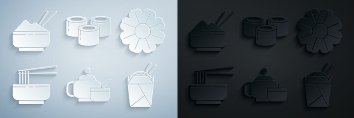 Set Japanese tea ceremony, Flower, Asian noodles in bowl and chopsticks, paper box, Sushi and Rice with icon. Vector