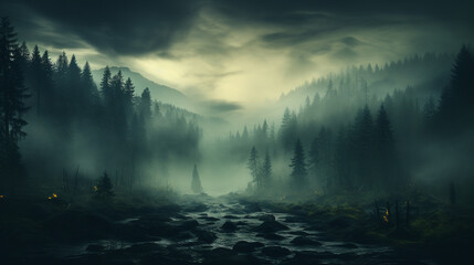 Dark foggy pine scary forest, Mystic forest view with fog and dark mysterious vibes. Generative Ai