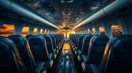 Dark rainy moody morning horizon through the window view of an airplane on the ground. Generative Ai