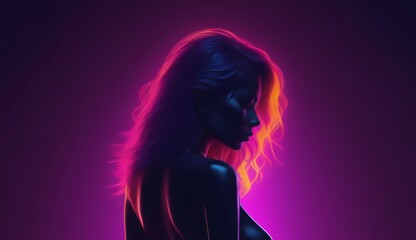 Fashion art portrait of beautiful woman with long hair in neon light