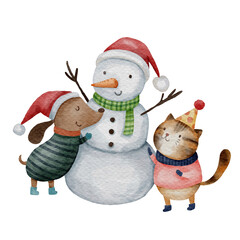 Dog and cat are molding a snow man . Christmas watercolor paint design . PNG .