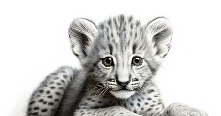 Illustration of a Snow Leopard cub,  Isolated on white - obrazy, fototapety, plakaty