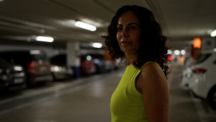 Middle age hispanic woman standing with serious expression parking