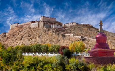 Gyantse Fort in the small town of town of Gyantse in Tibet, China. On of the best preserved Dzongs (fortified monasteries) in Tibet.