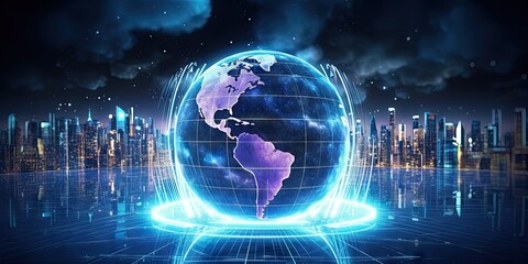 Connected world. Blue global technology network. Futuristic digital earth. Tech concept. Enhanced planet. Networking design. Cyberspace illumination. Digital globe connection