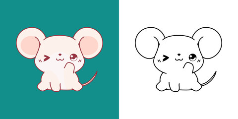 Kawaii Clipart Baby Mouse Illustration and For Coloring Page. Funny Kawaii Rat. Cute Vector Illustration of a Kawaii Animal for Stickers, Baby Shower, Coloring Pages