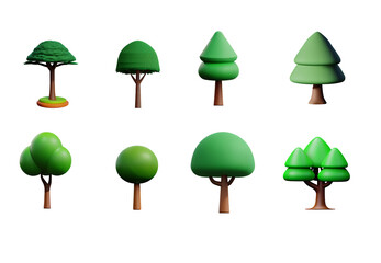set of 3d trees nature, cartoon style. Plastic tree and realistic 