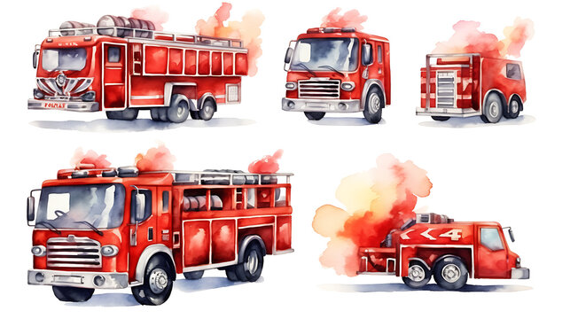 Watercolor Set of firefighter truck elements collection clipart . generative ai
