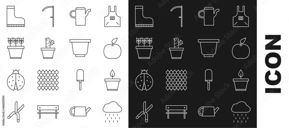 Poster set line cloud with rain, plant pot, apple, watering can, cactus and succulent, plants, waterproof r